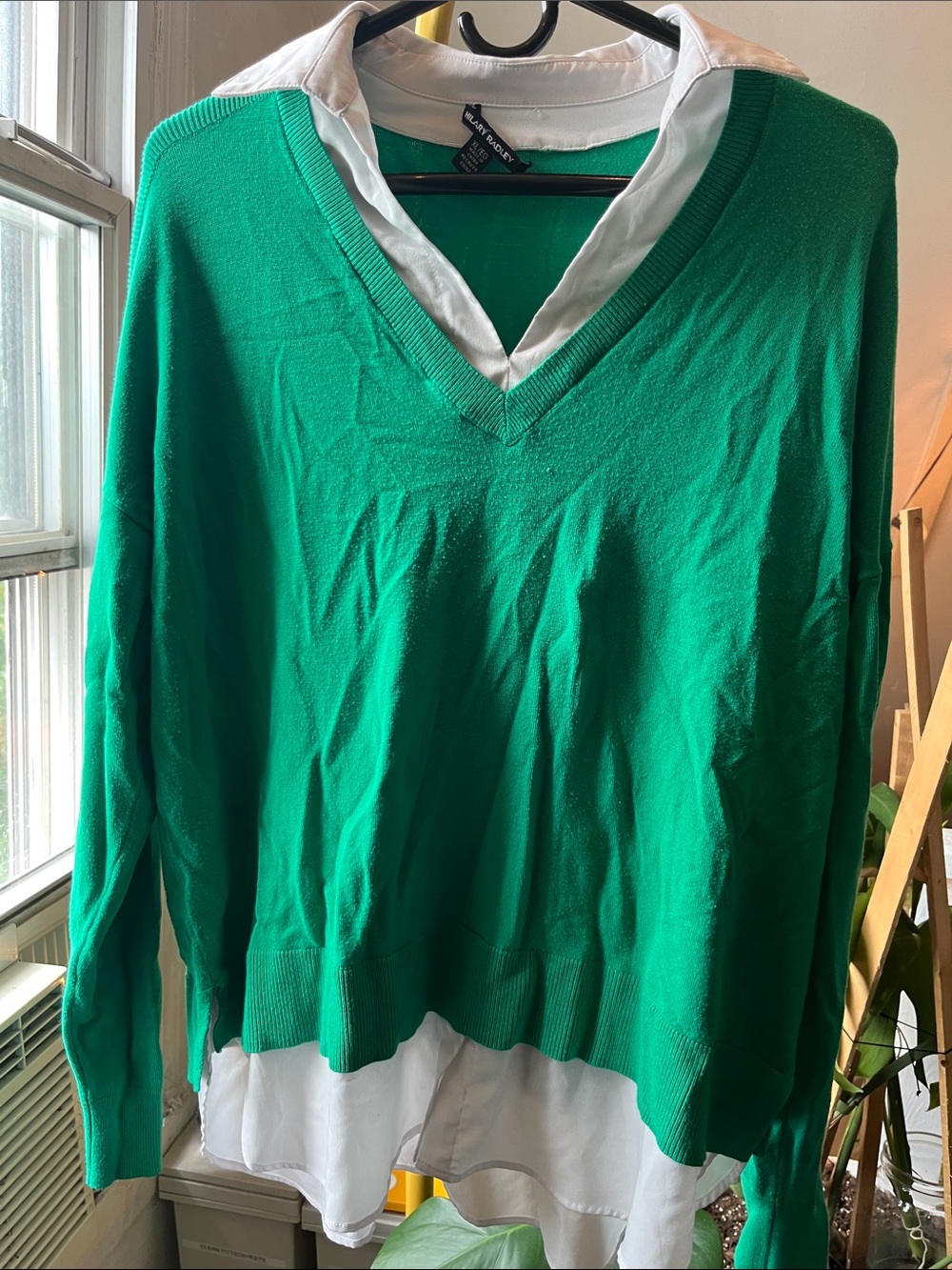 Hilary Radley Bright Green V-Neck Sweater with Shirt-Layer Look